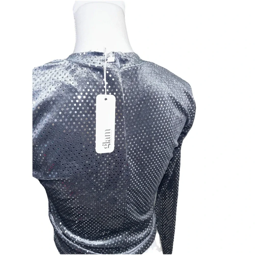 NWT GLAM Gray M Sparkly Crop Top Long Sleeve Party Shirt Bling‎ Disco Baddie Y2K